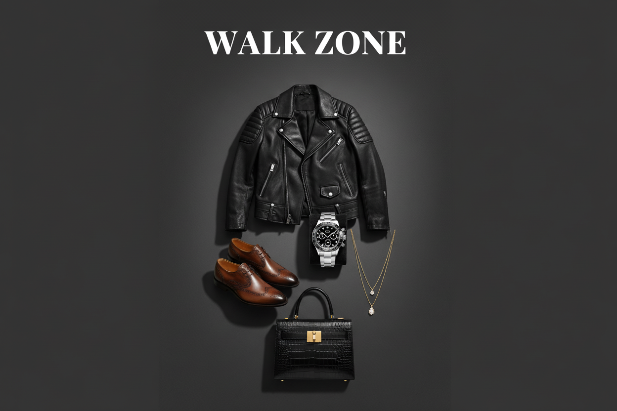 9:16 mobile banner for Shopify store “Walk Zone”. Dark gray background, premium realistic look. Show black leather jacket, stylish shoes, Rolex watch, ladies necklace, and handbag — balanced layout, soft shadows. Add text “WALK ZONE” (bold white font) and tagline “Style that walks with you.”